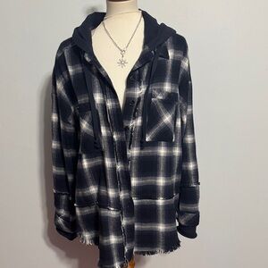 Black & White Plaid Hooded Flannel Shirt Jacket